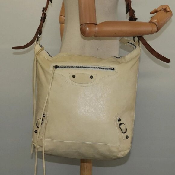 BALENCIAGA The Day Shoulder Bag Leather Beige Auth - Picture 1 of 14